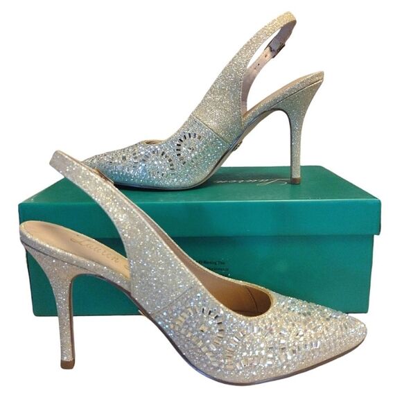 Lauren Lorraine Rachel Nude Crystal Shimmer Sling Back Heels Size 8 NIB - Picture 7 of 16